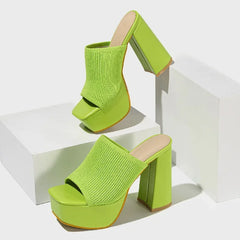 Stretch Fabric Square Toe Platform High Heels Sandals