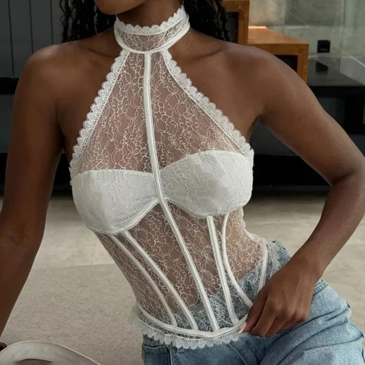 White lace halter corset crop top styled with denim