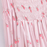 Pink Flower Print Elastic Chest Corset Full Sleeve Mini Dress