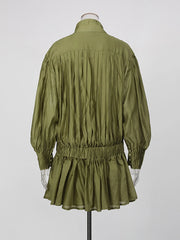 Olive Green Lantern Sleeve Pleated Mini Dress