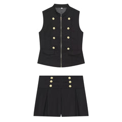 Stand Collar Vest and Pleated Shorts Set