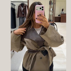 Faux Leather Patchwork Collar Belt Waist Cinched Jacket