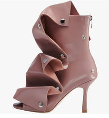 Peep Toe Pleated Snap Button Stiletto Heel Boots