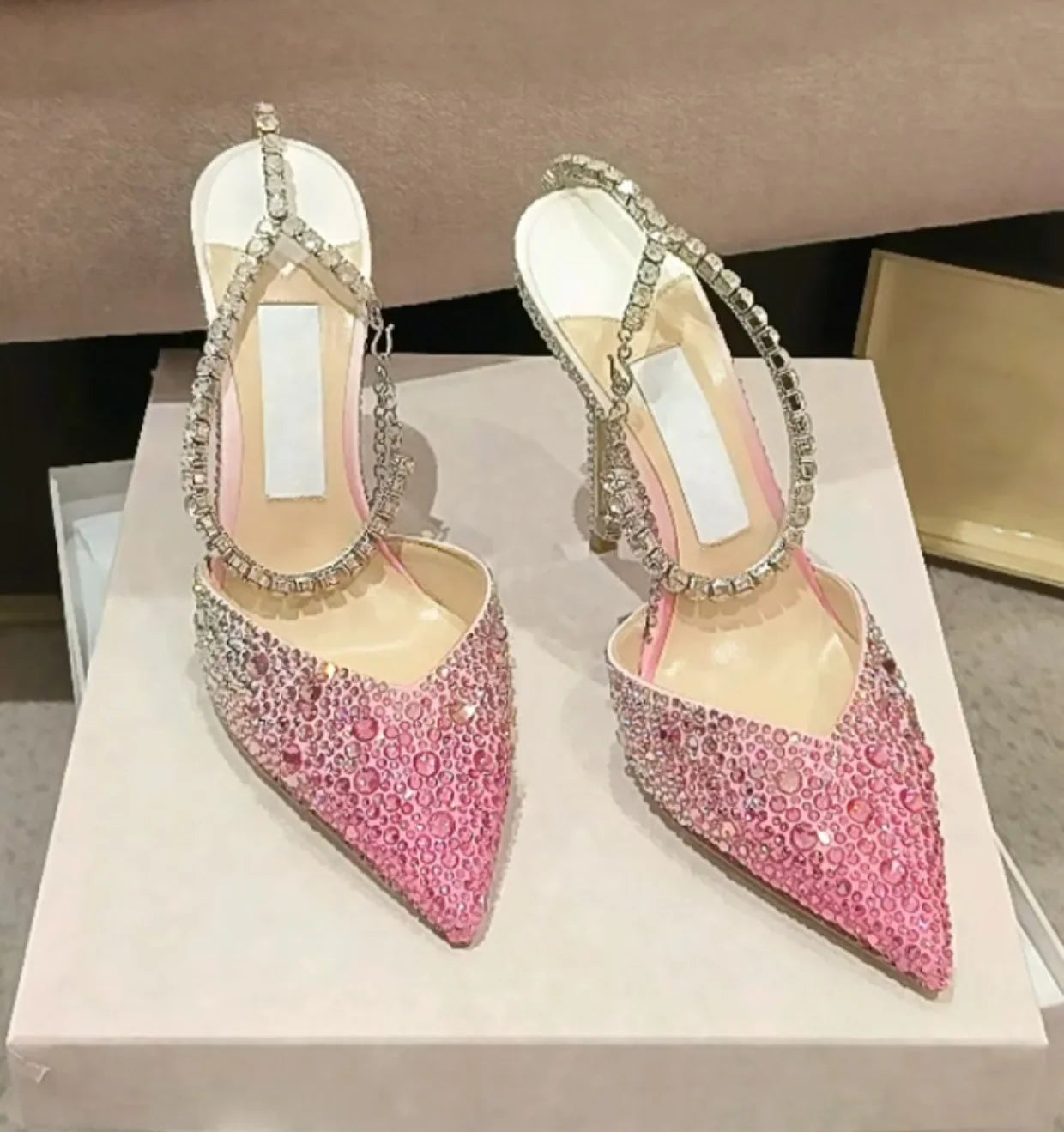Pink ombre rhinestone heels with stiletto heel and slingback strap