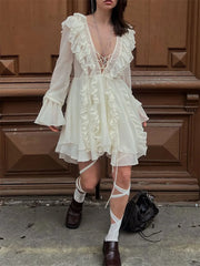 Ruffled Lace Up Long Sleeve Mini Dress