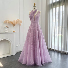 Mannequin displaying  the lilac beaded evening gown, showcasing its elegant silhouette and flowing train. Golden Atelier 2