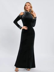 Long Sleeve Black Velvet Pearl Maxi Dress