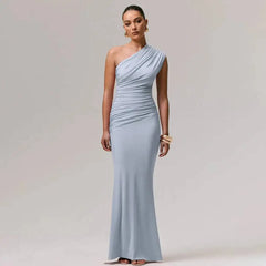 One-shoulder ruched gown in light blue