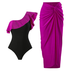 One-Shoulder Swimsuit with Oversized Flower Detail and Matching Printed Sarong Set