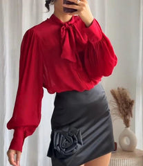 Solid O-Neck Bow Button Long Sleeve Blouse