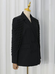 Pearl Beaded Tassel Shoulder Double Breasted Blazer