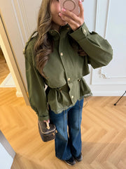 Utility Stand Collar Button Drawstring Peplum Jacket
