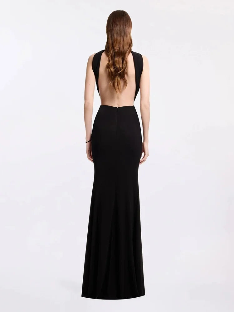 Ruched halter fishtail dress back view
