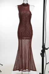 Brown Beaded Turtleneck Sleeveless Stand Neck Maxi Dress