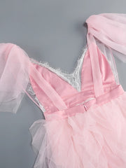 Pink V-Neck Ruffle Tulle High Slit Dress