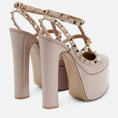 Beige Studded Platform Heels | Modern Party Block Sandals