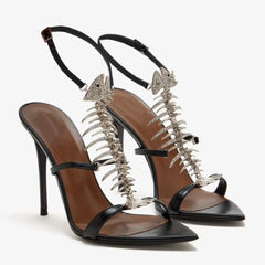 Black leather crystal fishbone stiletto sandals