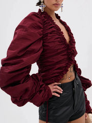 Ruched V-neck puff sleeve blouse side view