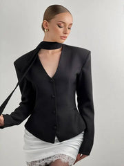 Padded Shoulder V-Neck Blazer With Scarf