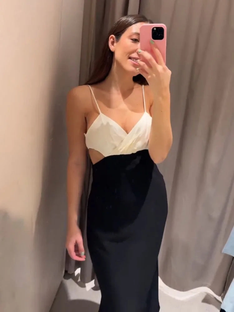 Sleeveless black and white patchwork backless maxi dress

