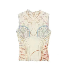 Apricot graphic print mock neck sleeveless mesh crop top