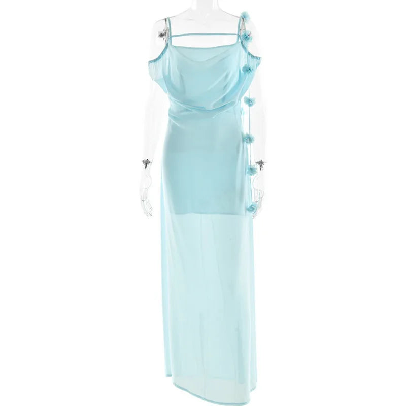 Light blue dress with floral details on a white background