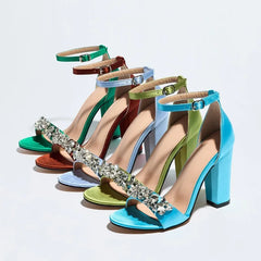 Crystal Embellished Square Heel Ankle Strap Sandals