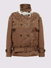 Pearl Embellished Stand Collar Brown Jacket