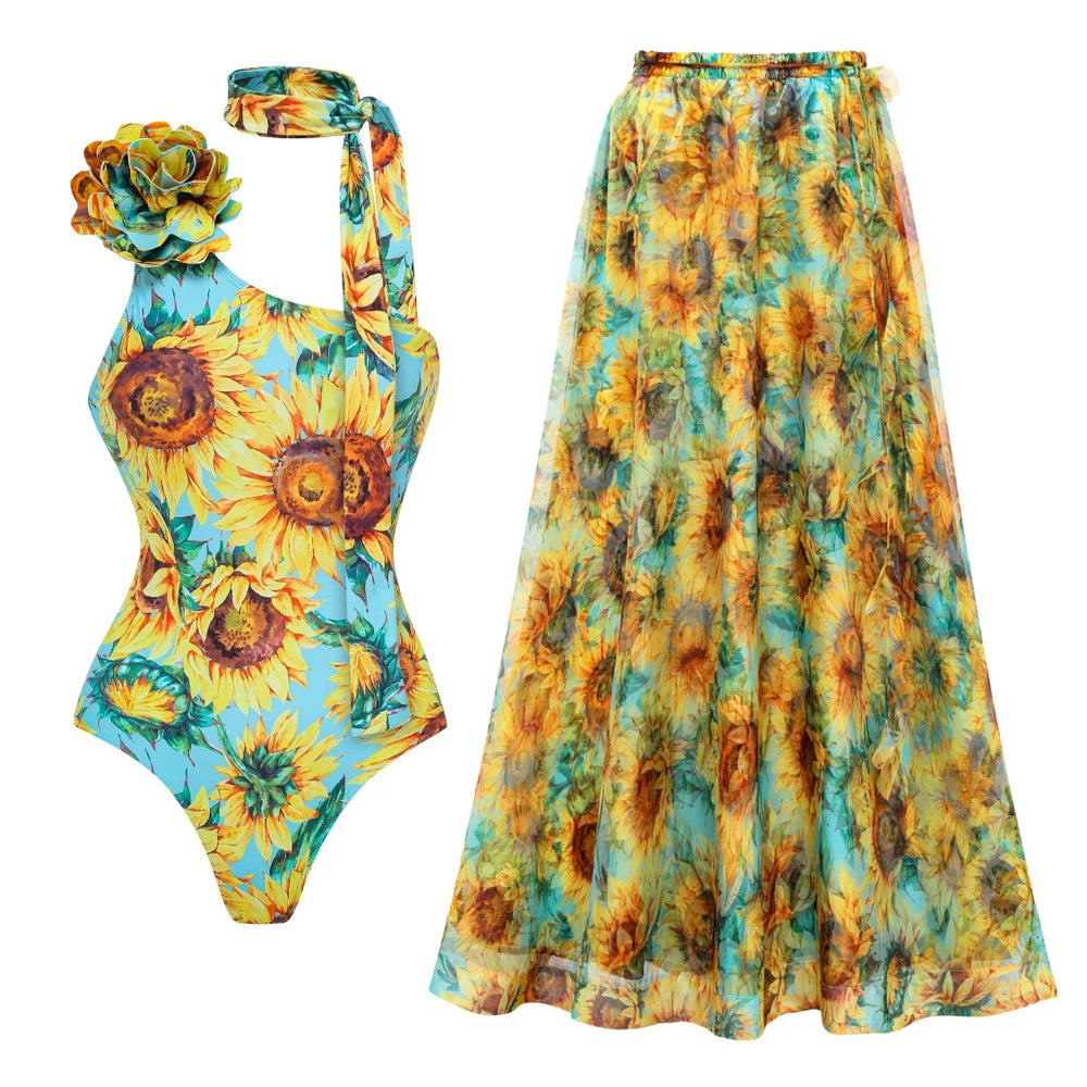 Sunflower print one-piece swimsuit with a matching maxi skirt.