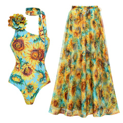 Sunflower print one-piece swimsuit with a matching maxi skirt.