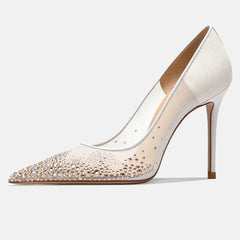 White rhinestone mesh stiletto pump