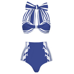 Striped Halter Bow Bikini Top and High-Waisted Shorts Set