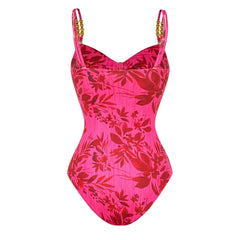 Pink Floral Print One Piece Swimsuit and Ruffled Skirt Beachwear