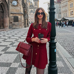 Elegant Burgundy Red Coat and Mini Skirt Set – Slim Fit Autumn Women’s Outfit