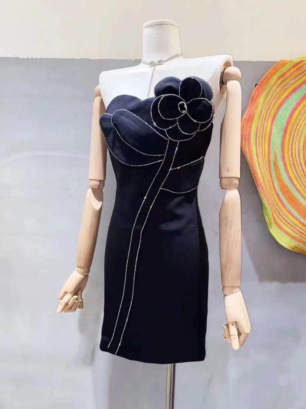 Women's Black 3D Flower Diamond Backless Strapless Mini Dress