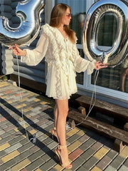 Ruffled Lace Up Long Sleeve Mini Dress