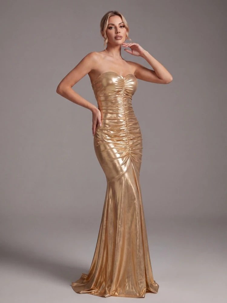 Strapless sweetheart neckline trumpet silhouette ruched metallic floor-length gown