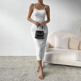 White Textured Strap Midi Dress