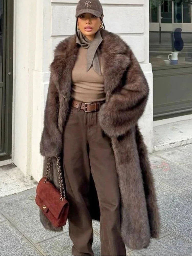 long brown faux fur coat street style