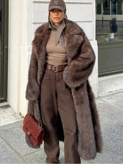 long brown faux fur coat street style