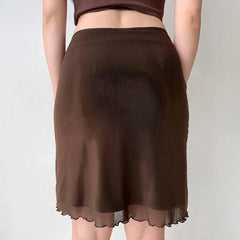 Brown mesh ruffle hem mini skirt back view