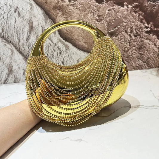 Gold crystal fringe hard case minaudiere clutch with circular handle