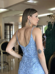 Baby Blue Mermaid Prom Dress Lace Embroidery Fishtail Side Split Dress