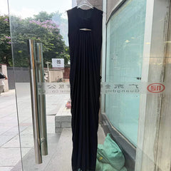 Round Neck Metal Buckle Cut Out Sleeve Drape Maxi Dress