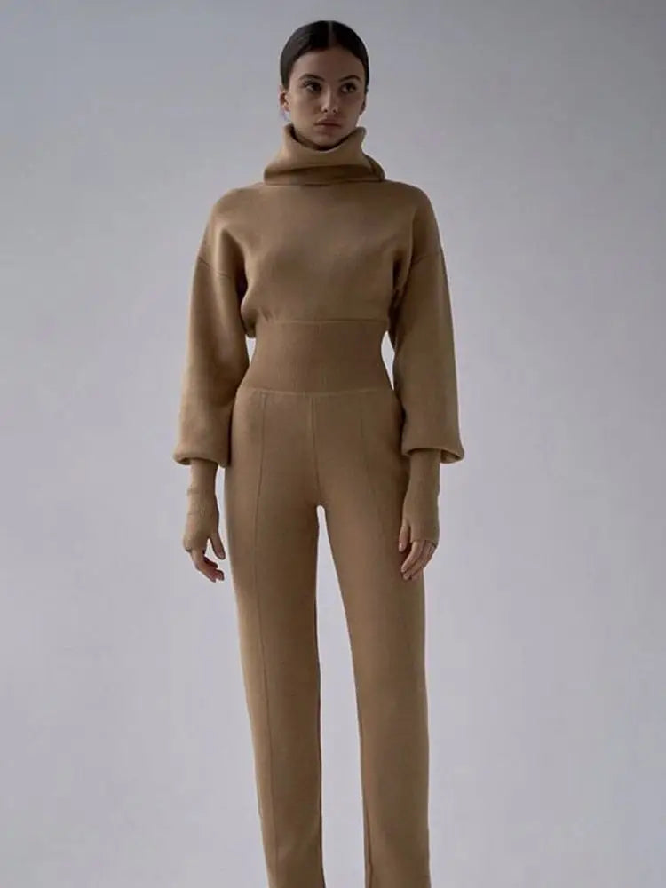 Turtleneck Knitted Pullover Top and Sweater Pant Suit