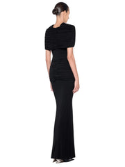 Draped O-Neck Metal Pin Ruched Waist Maxi Dress