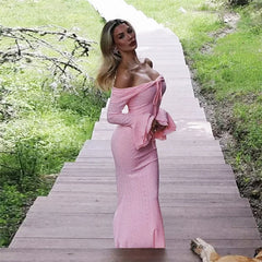 Pink Off-Shoulder Lace Dress | Bell Sleeve Formal Dress