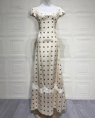 Satin Polka Dot Cap Sleeve Maxi Dress