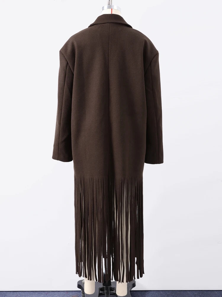 Brown coat with fringe details on a white background
