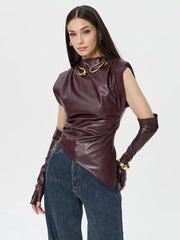 Faux Leather Folds Crop Tops With Gloves